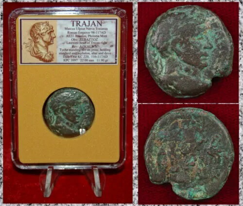 古代ローマ帝国のコイン トラヤン ティケ オン ガレー レア アスカロン、フィリスティア ミント!(3)