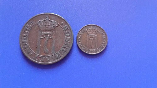 1 ORE 1927-ノルウェー-希少+5 ORE 1914-貴重なコイン2枚セット