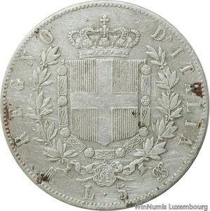 F7243 希少 イタリア 5リラ ヴィットーリオ・エマヌエーレ2世 1870年 M BN ミラノ シルバー -> オファーする -