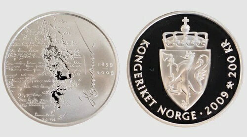 ノルウェー 2009 クヌート・ハムスン生誕150周年記念 200クローネ 銀貨 プルーフ