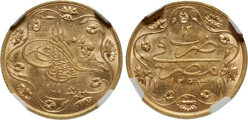 エジプト - オスマン帝国、金貨 100枚 キルシュ アブドゥルハミド2世 1293/12 AH NGC MS 63 希少