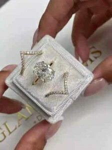 4.0カラット オーバルカット ラボグロウンダイヤモンド ハローエンゲージリングセット 14Kイエローゴールド サイズ8