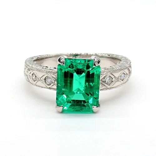 ラボグロウンエメラルドエンゲージリング GIA認定 2.92カラット 14Kホワイトゴールドリング