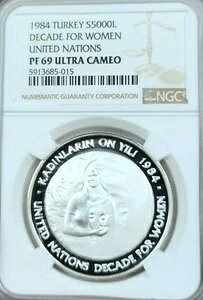 1984年 トルコ シルバー 5000リラ ディケイド 女性用 NGC PF 69 ウルトラカメオ レア トップポップ