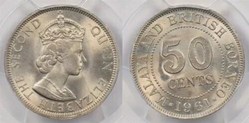 マラヤとイギリス領ボルネオ 1961年 50セント PCGS MS 65 希少品 PC1274 コンビ