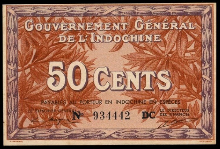 フランス領インドシナ 50セント 1939年 P.87 透かし入り 非常に希少