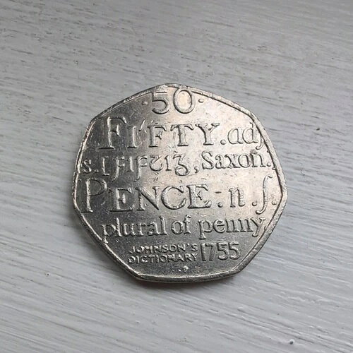 ジョンソン辞書 1755 サクソン語のペニーの複数形 2005 希少 50P 50 ペンス硬貨。