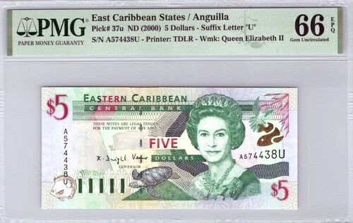 希少！東カリブ諸国 5ドル 2000年 ピック37u アンギラ PMG 66EPQ ジェム UNC