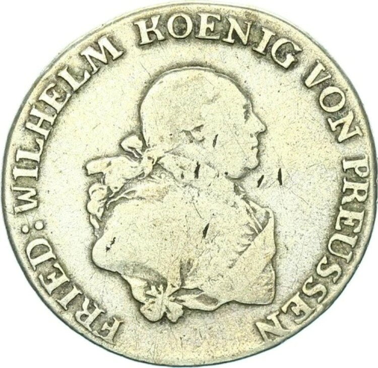 ブランデンブルク＝プロイセン フリードリヒ・ヴィルヘルム2世 1/3ターラー 1793 B (ヴロツワフ) 銀 S-VF-