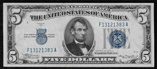 1934年-A 5ドル小型銀券「新品未使用、宝石も鮮明」*1点目以降は送料無料*