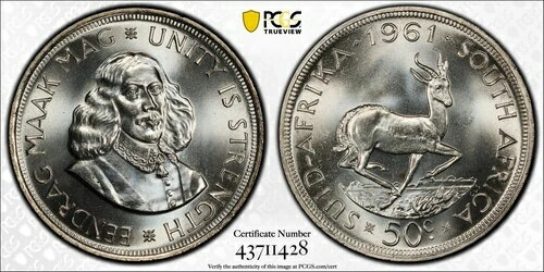 1961年南アフリカ50セント銀貨、PCGS PL-67(3)