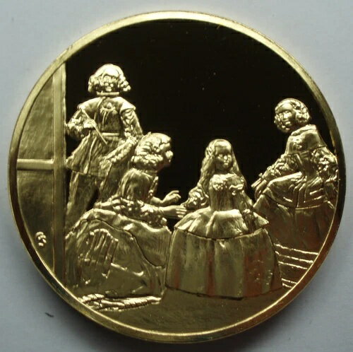 スペイン、ラス・メニーナス ベラスケス 1656 BU プルーフメダル 51mm 80g 24kt 金メッキ。