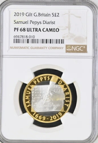 2019年 銀貨＆金箔 2ポンド サミュエル・ピープス NGC PF68 プルーフ 英国 これ以上ないほど素晴らしい