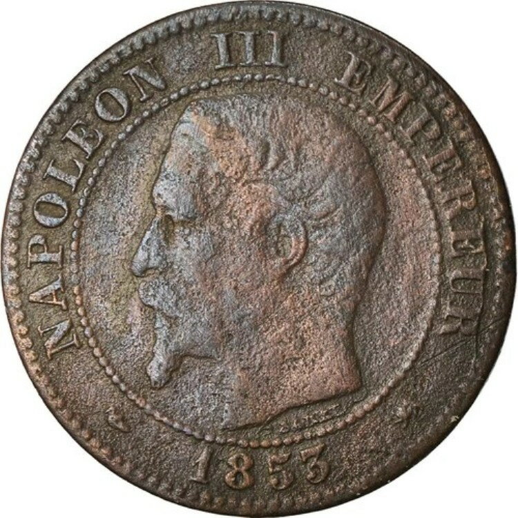 [#881129] コイン、フランス、ナポレオン 3 世、2 サンタイム、1853、リヨン、レア、VF