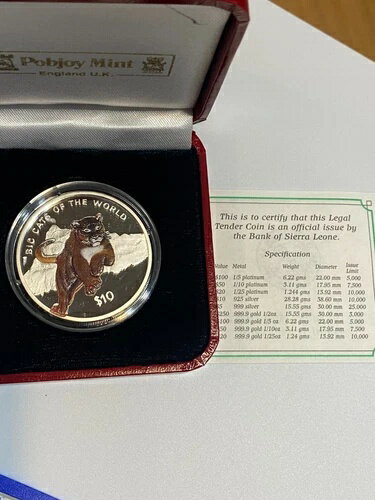 2001年 シエラレオネ 10ドル クーガー シルバー プルーフコイン 世界の大型ネコ科動物のカラーリング