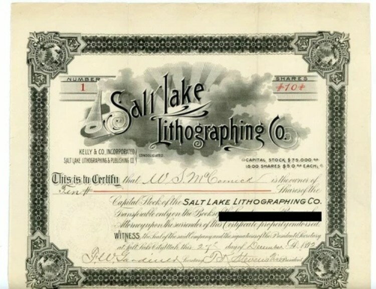 ソルトレイクシティ・リトグラフ社 希少 #1 ユタ州株券 1892 グラフィック