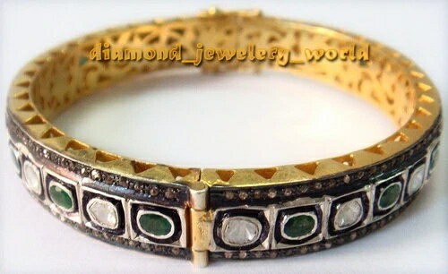 5.08カラット ローズアンティークカットダイヤモンド エメラルドシルバー ヴィンテージバングルブレスレット ジュエリー