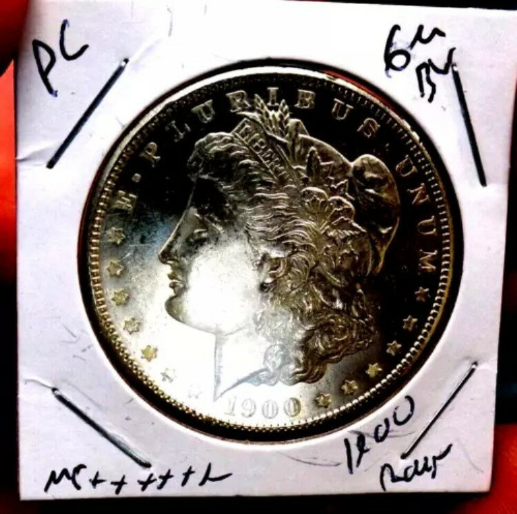 モーガン シルバー ドル 1900 GEM BU MS+++++ PL 希少な日付入り ガラス鏡付き