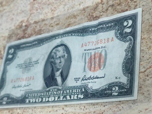 1953年 2ドル紙幣 エラー 染料汚染 オレンジの数字とシール