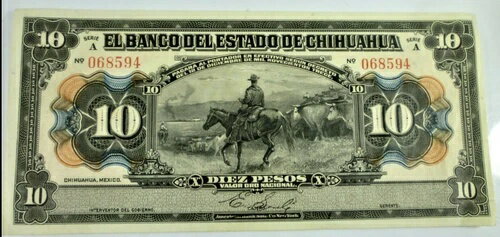 メキシコ 1913 El Banco del Estado de Chihuahua、10 ペソ、S133a、AU(3)
