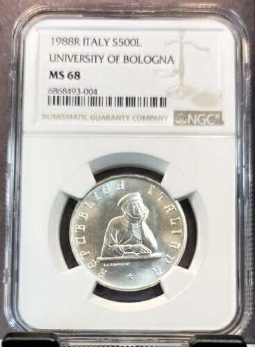 1988年 イタリア 銀貨 500リラ ボローニャ大学 NGC MS 68 希少 高品位