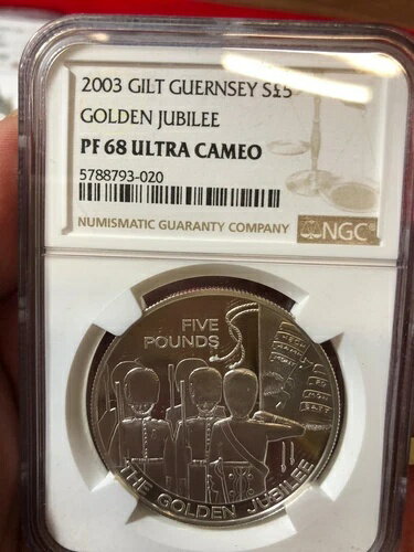 ガーンジー 2003年 ゴールデンジュビリー ギルトシルバー 5ポンド グレナディアガーズ NGC PF68