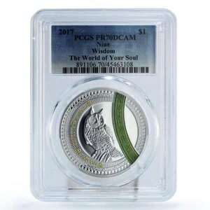ニウエ 1ドル あなたの魂の世界の知恵 フクロウ 鳥類 動物 PR70 PCGS 銀貨 2017年