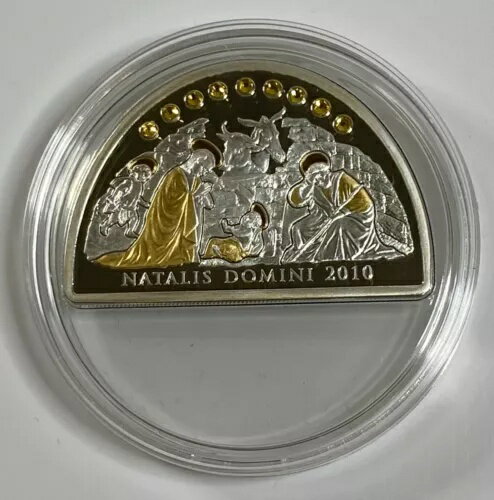 2010年 5ドル クック諸島 ナタリス・ドミニ プルーフ銀貨 半円型 クリスタル付き