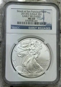 2013年 (S) アメリカン シルバー イーグル NGC MS69 アーリーリリース ブルーラベル $1 .999 シルバー