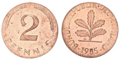 FRG 2 Pfennig 1985 J 薄すぎる小さすぎるスクラブの誤植 92732-