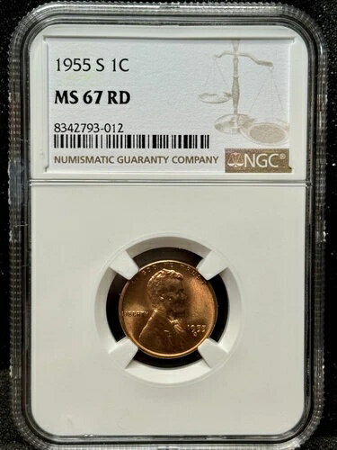 1955年 Sリンカーン小麦セント NGC MS 67 RD - 素晴らしい光沢 - グレーシート 価格 105ドル