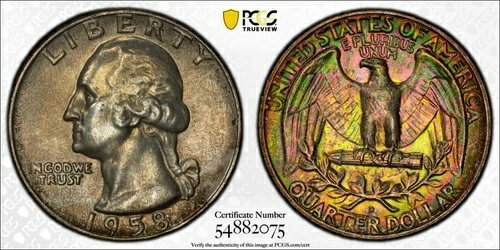 1958-D ワシントン 25セント クォーター PCGS MS66 レインボー リバース - U1642