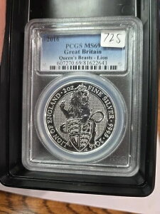 2016年 イギリス 5ポンド 女王の獣 ライオン 2オンス シルバー PCGS MS69 - U136