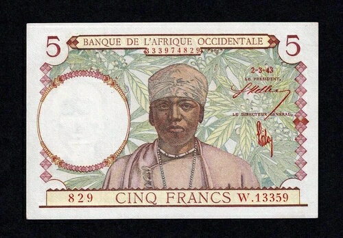フランス領西アフリカ 5フラン 1943年 P#26 UNC RED SIGNATURE