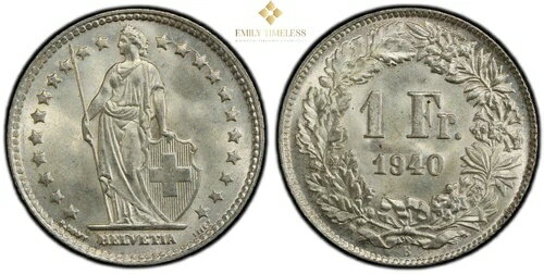 PCGS 認定: MS66、スイス 1 フラン 1940 年、完全なミント光沢、第二次世界大戦。