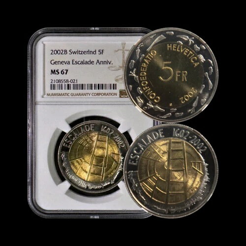 スイス。2002年、5フラン - NGC MS67 - ジュネーブ、レスカレード、はしご、野菜