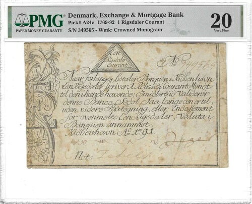 デンマーク 1 リグスダーラー クーラント 1791 P:A24c VF (20 PMG) 非常に希少
