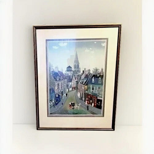 希少なミシェル・ドラクロワのオリジナル・リトグラフ、サイン入り、36.5インチ額装、フォークアートの村の風景