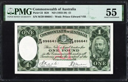 オーストラリア 1ポンド P22 R28 1933-38 リドル・シーハン PMG55 aUNC 高価値 素晴らしい