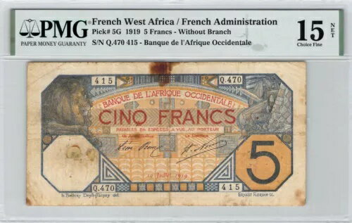 AOF フランス領西アフリカ 5 フラン 1919 年 7 月 10 日 Q.470 ピック 5G PMG 15 レア!