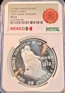 1972年 メキシコ シルバー ベニート・フアレス 100周年記念 NGC MS 64 素晴らしいBUメダル