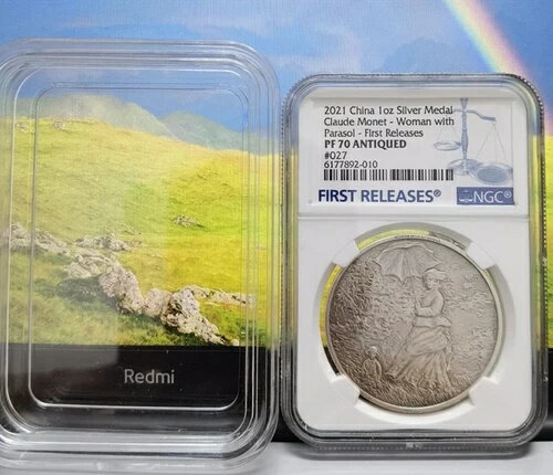 NGC PF70 アンティーク 2021 1オンス メダル クロード・モネ「日傘をさす女性」初版