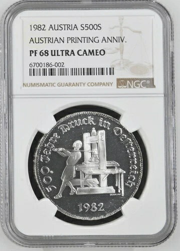 1982 オーストリア エスターライヒ 500 シリング シルバー 500 年印刷 - NGC PF68DCAM