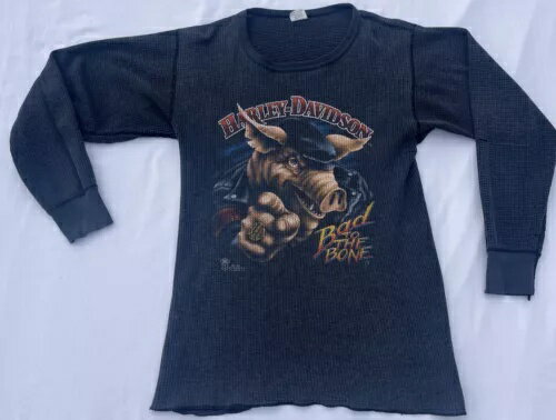 ビンテージ 3D エンブレム ハーレーダビッドソン 1987 BAD TO THE BONE ロングジョン XL 46-48 レア!
