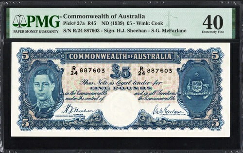 オーストラリア 5ポンド P27a R45 1939年 シーハン・マクファーレン PMG40 EF レア ブルーシグネチャー