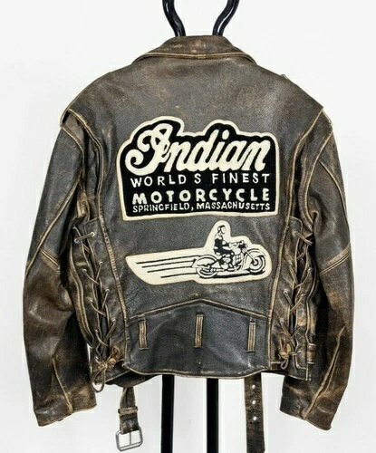 VTG 90年代インディアンモーターサイクルパッチブラウンレザーライダースジャケットレアメンズMレア