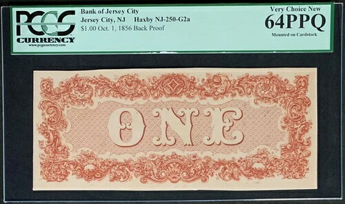 NQC ジャージーシティ銀行 1 ドル 1856 年 裏プルーフ（非常に希少なプルーフで、現在 2 枚しか知られていない）