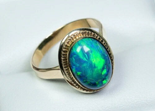 希少 - 585ゴールド - ヴィンテージリング - ブラックオパール - ハンドメイド / 金細工