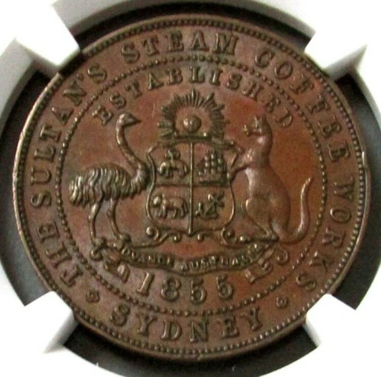 1855年 オーストラリア 1/2ペニー J. マクレガー シドニー ニューウェールズ 紅茶 NGC AU58 BN TN152