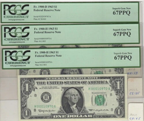 1963年 連邦準備銀行 1ドル紙幣（表面）、銀券（裏面）、7枚セット（GEM UNC PPQ）(3)